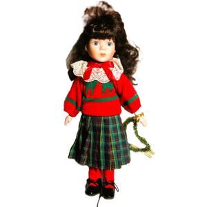 Vintage Style Porcelain Holiday Doll 15” Plaid Skirt Red Sweater with Wreath